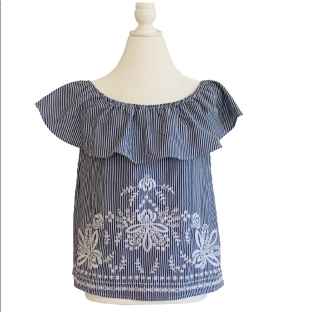 Blue Rain Blouse Top White Blue Striped Ruffled Sleeveless Embroidered XS